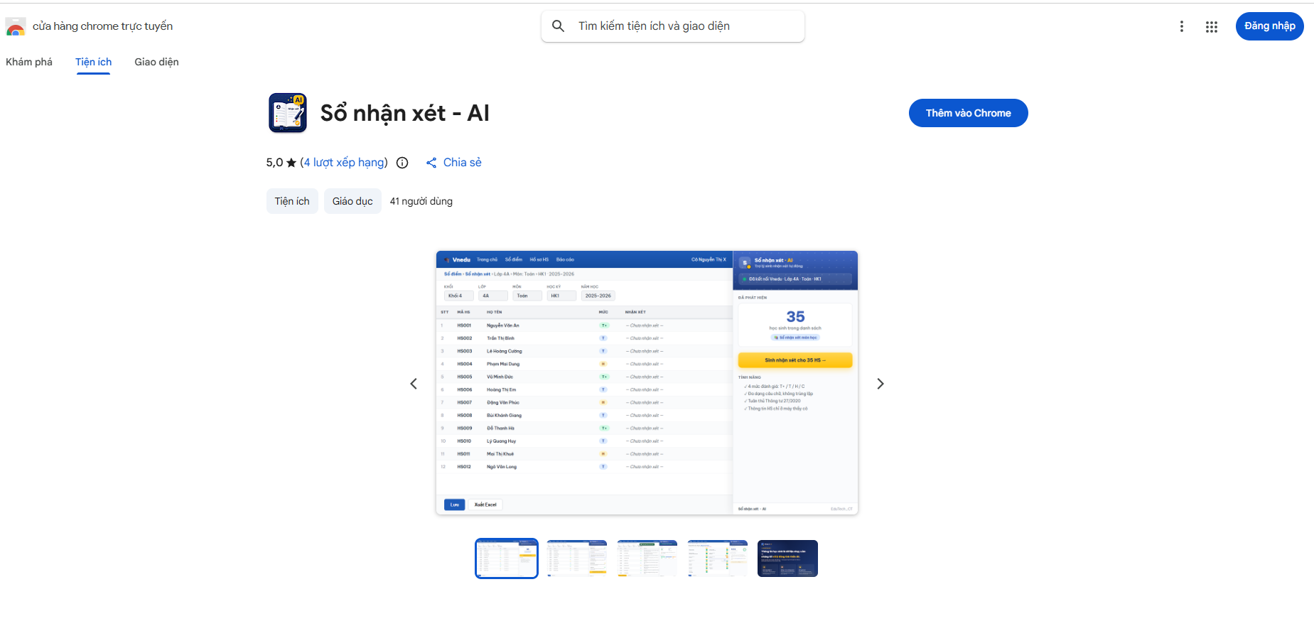 Trang sản phẩm Sổ nhận xét - AI trên Chrome Web Store